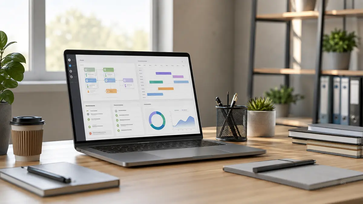 AI tools for small business productivity on an organized office laptop