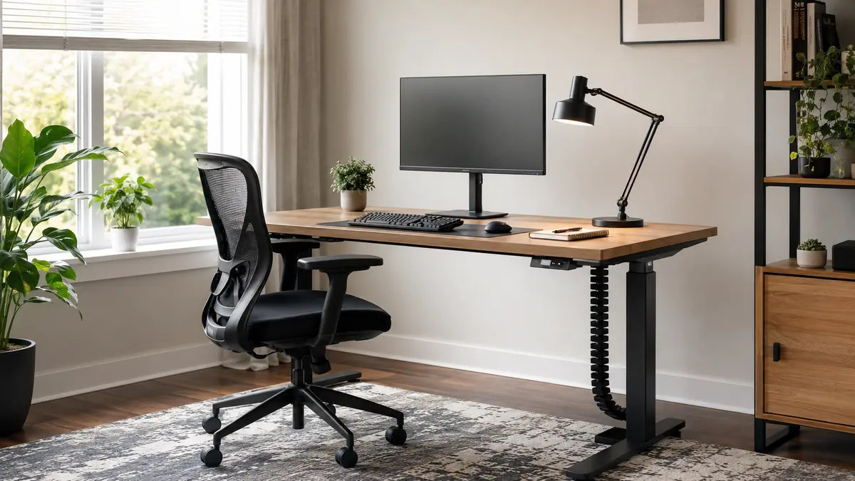 Home office setup for productivity with an ergonomic desk and chair