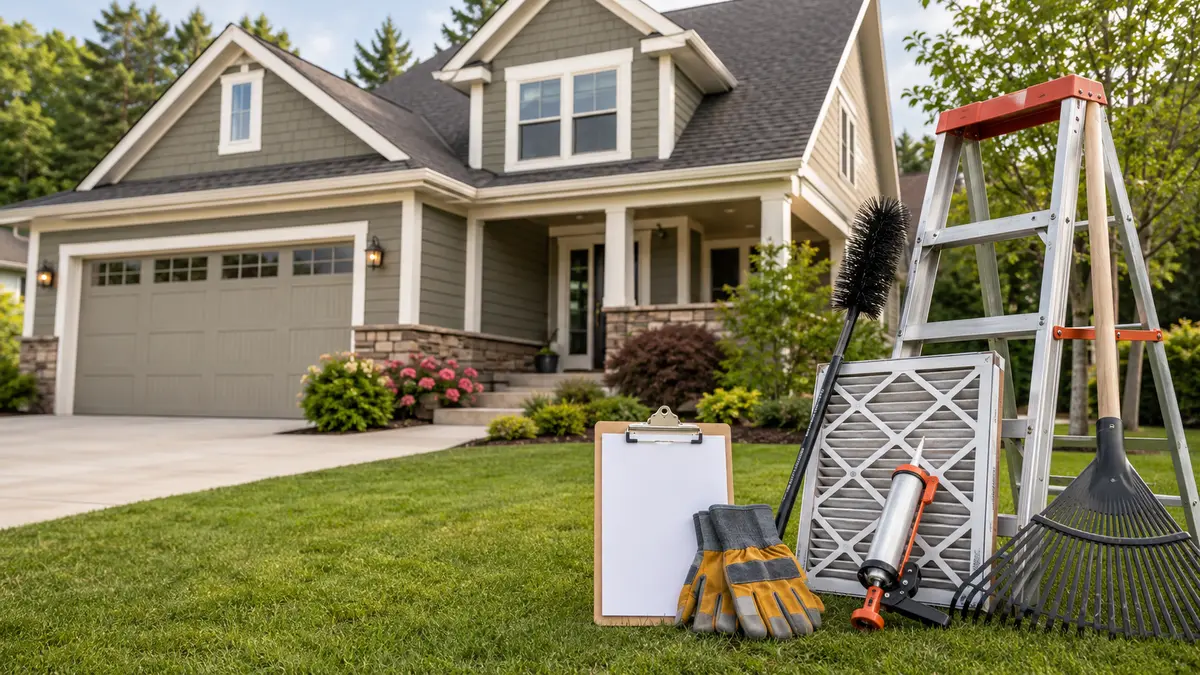 Seasonal home maintenance checklist with safe exterior tools beside a house