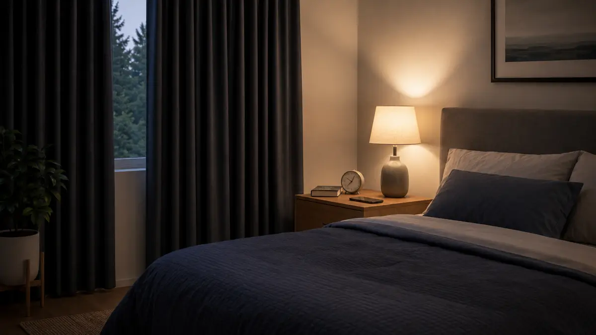 Sleep hygiene tips for adults shown by a dark quiet comfortable bedroom
