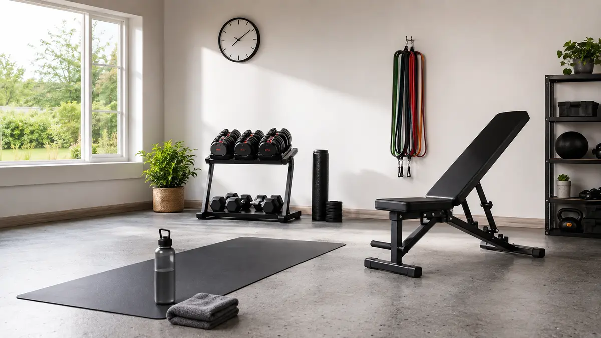Strength training at home for beginners in a clean people-free home gym