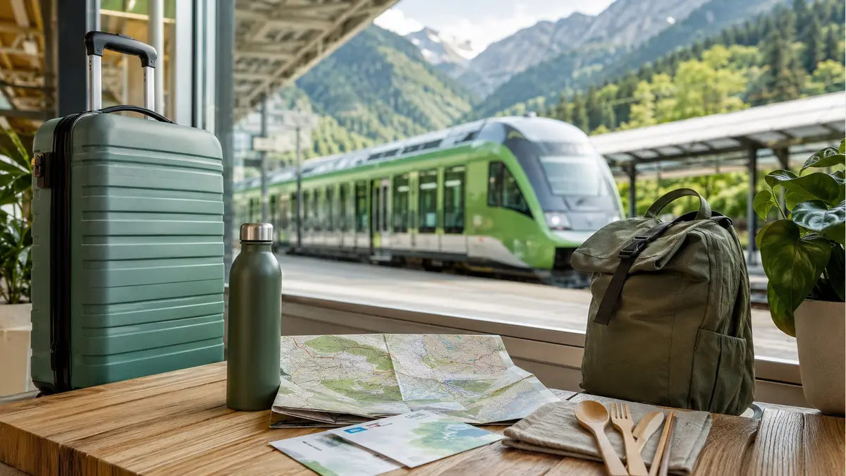 Sustainable travel tips with light luggage beside an efficient passenger train